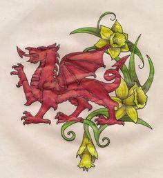 a drawing of a red dragon with yellow flowers