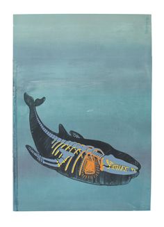 an illustration of a whale with yellow and black stripes on it's tail, floating in the water