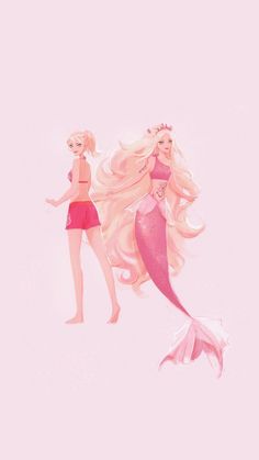 two mermaids with long blonde hair and pink swimsuits are standing next to each other