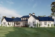 this is an artist's rendering of a house in the country side with blue roofing