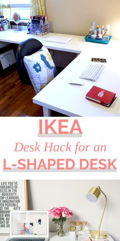 an l - shaped desk with the title ikea desk hack for an l - shaped desk