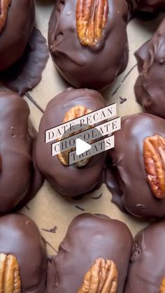 chocolate covered doughnuts with pecans and nuts in the middle are labeled date pecan