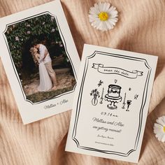 two wedding cards on a bed with flowers and daisies next to them, one has an image of a bride and groom