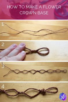 instructions for how to make a flower crown base with braiding and flowers in the background