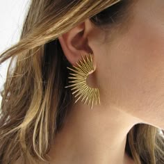 Half radiant suns on posts. Metal: 24kt gold plate over brass Size: 2" L Stainless Steel Posts Made in the USA Sunshine Earrings, Sun Jewelry, Sun Earrings, Jewellery Design Sketches, Art Jewelry Design, Gold Pendant Jewelry, Gold Sun, Golden Earrings, Gold Statement Earrings