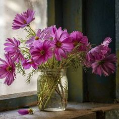 purple flowers in a mason jar sitting on a window sill