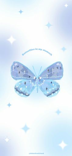 a blue butterfly flying through the sky with stars