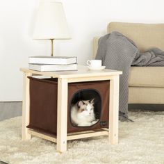 a cat sitting in a small wooden crate on top of a rug next to a couch