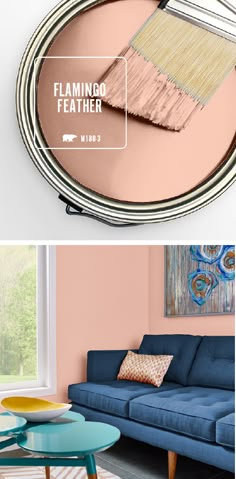 two different pictures of a living room with pink walls and blue couches, one in the