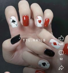 Playing Card Nail Designs, Queen Of Hearts Nail Art, Ace Of Spades Nails, Card Nails Design, Queen Of Hearts Nails Designs, Playing Card Nails, Ace Nails, Las Vegas Nails Ideas, Queen Of Hearts Nails