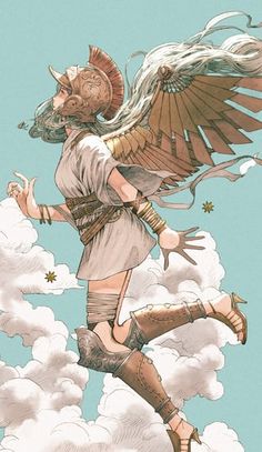 an illustration of a woman flying through the air with wings and headdress on