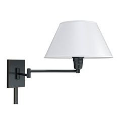 a wall lamp with a white shade on it's side and a black arm