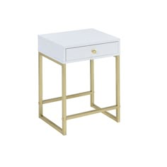 a white and gold side table with one drawer on the bottom, two drawers on the top