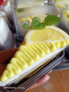 a person holding a piece of food with lemon and mint