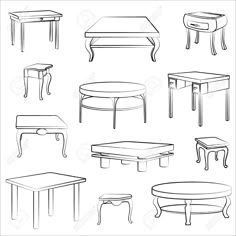 various tables and chairs are shown in this black and white outline drawing royaltyvector