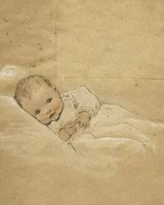 a drawing of a baby laying on top of a bed next to a teddy bear