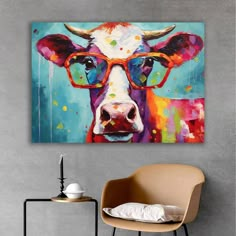 a cow with glasses on it's face is shown in the living room wall