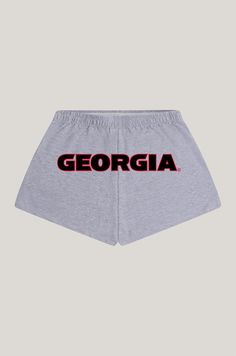 Basic booty shorts with elastic waistband and side pockets. Printed logo on the back. About the Style: 95% Cotton, 5% Spandex Sits on the hip. Option to fold waistband Screen Print logo Soffee Shorts, Soffe Shorts, Logo Application, University Of Georgia, Print Logo, Large White, Screen Print, See You, Screen Printing