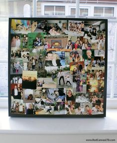 a collage of photos is displayed on a window sill