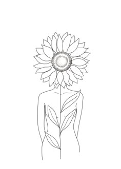 a drawing of a woman with a sunflower on her head in front of a white background