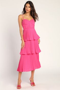 Get ready to be swept away to a world of romance by the Lulus Cascading Crush Hot Pink Tiered Bustier Midi Dress! Lightweight pleated woven fabric shapes adjustable spaghetti straps that support a bustier-style bodice with seamed cups. A fitted waist tops a tiered skirt that ends at a midi hem. Hidden back zipper/clasp. Fit: This garment fits true to size. Length: Mid-calf length. Size medium measures 44" from top to bottom. Bust: Great for any cup size. Waist: Fitted - very fitted at natural wa Pink Bridesmaid Dresses Summer, Hot Pink Bridesmaid Dresses, Hot Pink Bridesmaids, Kentucky Derby Dress, Bustier Midi Dress, Beach Wedding Guest Dress, Hot Pink Tops, Derby Dress, Lulu Fashion