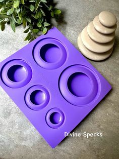 a purple cake pan sitting on top of a table next to a green leafy plant