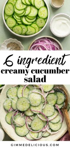 cucumber salad in bowls with the title overlay that reads, 6 ingredient creamy cucumber salad