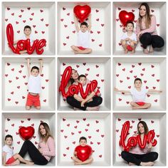 a collage of photos with red balloons in the shape of letters and hearts on them