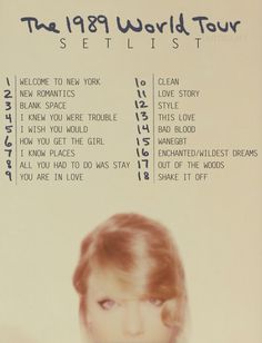 an advertisement for the 1989 world tour with taylor swift on it's back cover