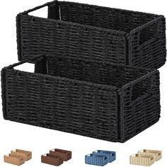 two large baskets with handles are shown in different colors