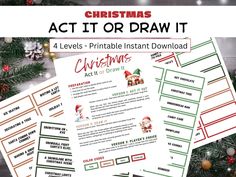 the christmas act it or draw it printable activity is shown on top of a table