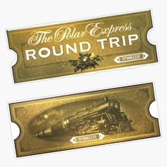 two train tickets with the words round trip on one side and an image of a locomotive on the other