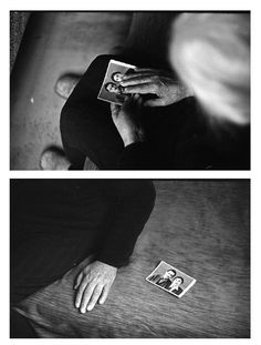 black and white photograph of hands on bed with photo taken from above, then in color