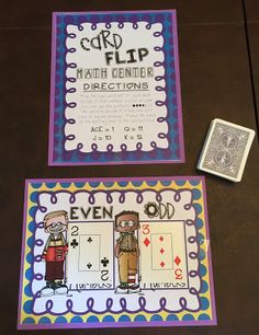 two cards with numbers and symbols on them next to a playing card that says god flip math center directions