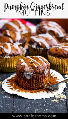 pumpkin gingerbread muffins with icing on top