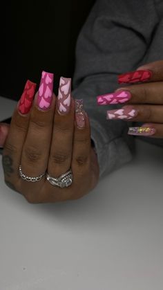 Heart Nails Press On, Leopard Print Valentine Nails, Birthday And Valentines Nails, 3d Heart Nail Designs, Valentines Nails Black Women, Medium Valentines Day Nails, Valentines Day Nails Black Women, 3d Valentines Nails, Pink And Black Valentines Nails