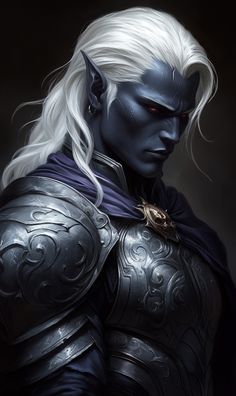 an image of a man with white hair and blue eyes wearing armor, standing in the dark