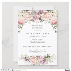 an elegant floral wedding card with pink roses and greenery on the front, in white paper