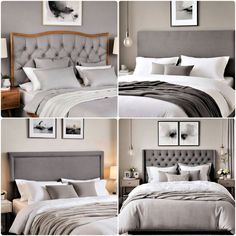 four different pictures of a bed with white and gray linens