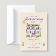 a housewarming party card with an illustration of the front and back of it