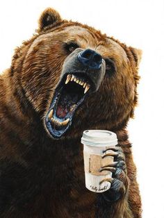 a bear holding a cup with its mouth open