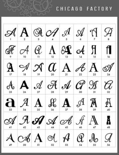 the chicago factory's alphabet and numbers are shown in black ink on a white background