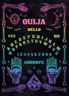 an image of a poster with the words ouja and hands in neon colors on it