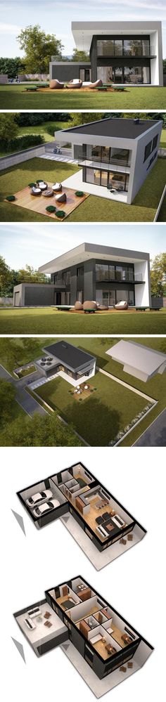 three different views of a modern house from the ground up and on top, with an open