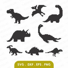 pixel art dinosaur silhouettes in black and white with text that says svg dxf eps png