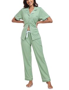 PRICES MAY VARY. PURE COTTON MATERIAL: Button up pajama set for women is made of 100% cotton, Natural fiber is soft, skin-friendly, lightweight, breathable, sweat absorbable and wicking, which keeps you easeful and refreshed while sleeping CLASSIC STYLE：Two piece pajama set featuring classic sleepwear style, notch collar and left chest pocket, Delicated piping details make this womens pajama set stylish and elegant; The super soft pjs set features two convenient pockets CONVENIENT BUTTON DESIGN: Green Short Sleeve Sleepwear For Spring, Sage Green Pajama Set, Green Relaxed Fit Comfortable Sleepwear, Green Short Sleeve Loungewear Set, Comfortable Green Short Sleeve Sleepwear, Button Up Pajamas, Cotton Pajamas Women, Cotton Pajama Sets, Womens Pyjama Sets