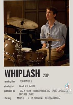 a man sitting in front of a drum set with the words whiplash on it