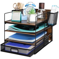 a shelf with various office supplies on it