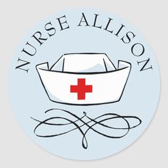 a round sticker with the words nurse allison and a red cross on it