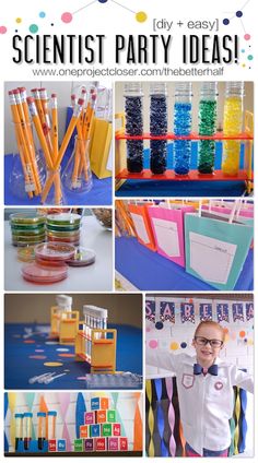 a collage of photos with different items and words that say, scientist party ideas